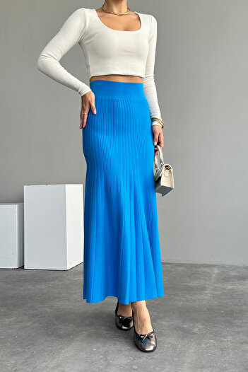 LOOSH Women's Turquoise High Waist Flared Knitwear Skirt