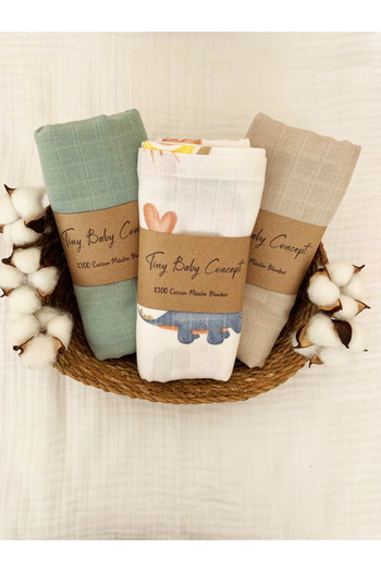 Tinybabyconcept Soft Organic 100% Cotton Multi-Purpose Muslin Baby Blanket 3-Piece 90x100 cm Muslin Cloth Blanket