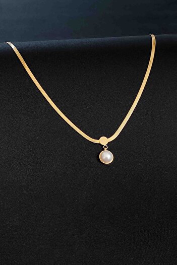 TREND COLLECTİON Kadın Paslanmaz Çelik Gold İtalyan Zincir İnci Kolye