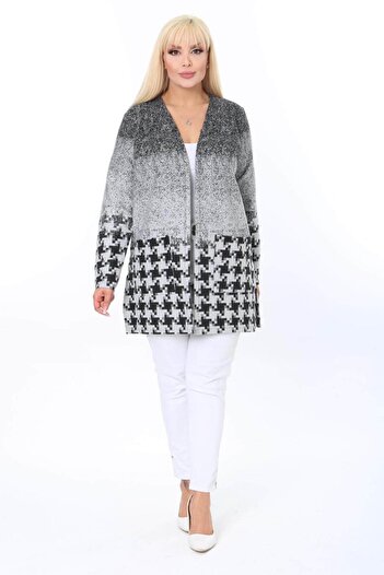 Mia Butik Plus Size Gray Black Patterned Cardigan