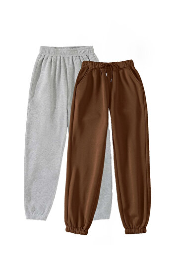 Revasser Unisex Kadın/Erkek 2-li Jogger Eşofman Altı - Siyah ve Gri Lastik Paça Yüksek Bel Kışlık