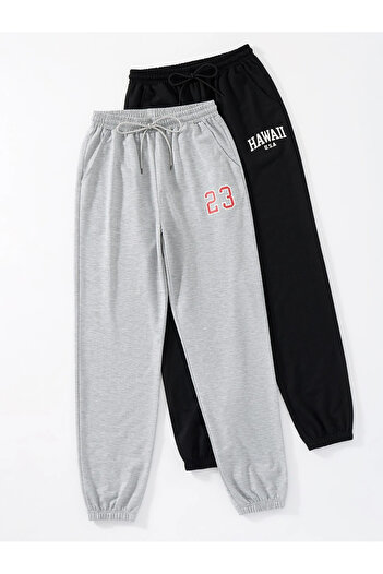 Revasser Unisex Kadın/Erkek 2-li Jogger Eşofman Altı - Siyah Ve Gri Lastik Paça Yüksek Bel Kışlık