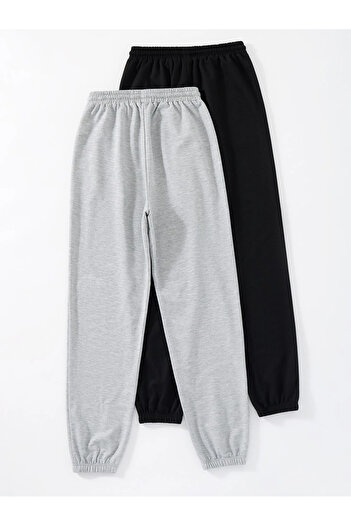 Revasser Unisex Kadın/Erkek 2-li Jogger Eşofman Altı - Siyah Ve Gri Lastik Paça Yüksek Bel Kışlık