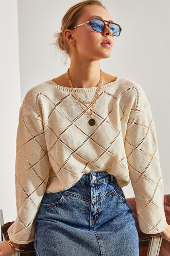 Bianco Lucci Women's Diamond Patterned Knitwear Sweater