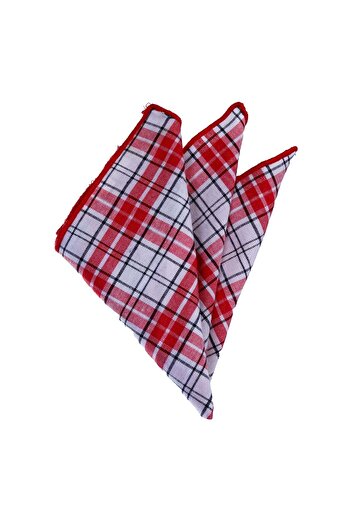 Exve Exclusive Red White Plaid Pattern Checked Cotton Pocket Collar Handkerchief