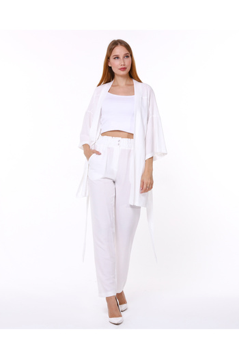 1Moda1Tarz Women's White Aerobin Fabric Top Belted Cardigan Bottom Elastic Pocket Buttoned Trousers Bottom Top Set Kimono