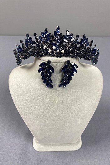 Hobigram Navy Blue Whole Leaf Model Bridal Crown and Leaf Earring Set – Crown, Crystal Stone, Stylish Model – Crown