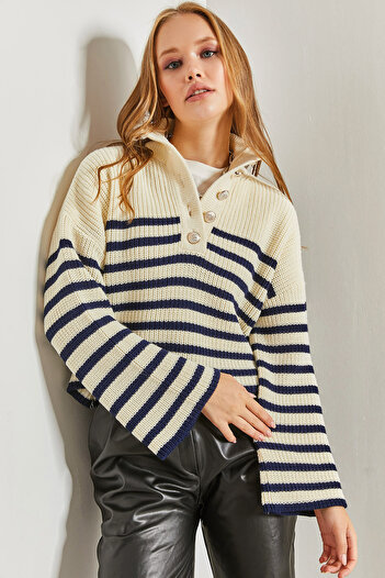 Bianco Lucci Women's Buttoned Collar Striped Knitwear Sweater