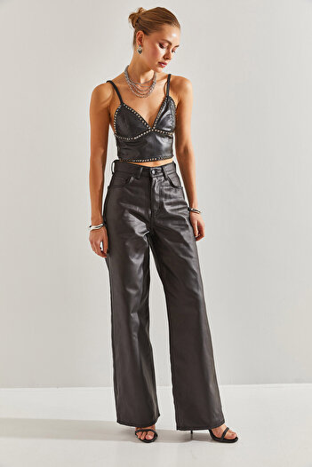 Bianco Lucci Women's Palazzo Coated Trousers
