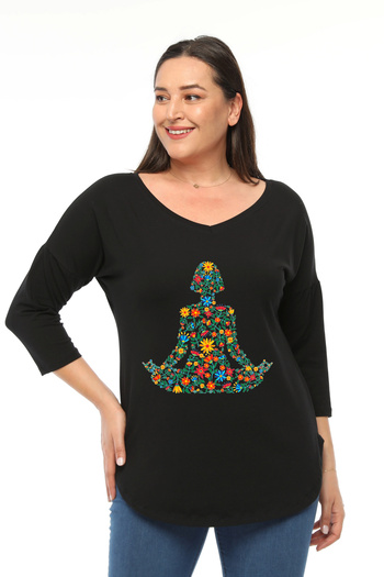Curvy Trend Plus Size Floral Yoga Printed Wide V-Neck Half Sleeve Oval Slit Blouse