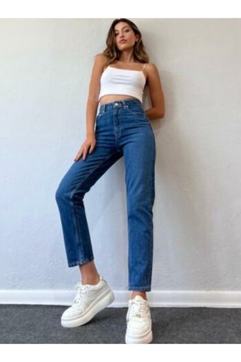 Trn JNS Mom Jeans Dark Blue Mom High Waist Denim Trousers Lycra Colorfast Extra Comfortable