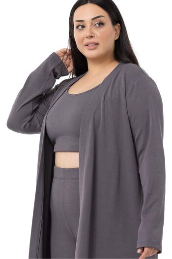 DISENTIS MODEST Large Size Ribbed Crop Body Tights Cardigan Triple Dark Gray Set