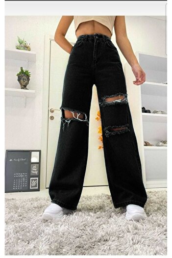 Trn JNS Black Ripped High Waist Loose Women's Tube Leg Denim Palazzo Pants