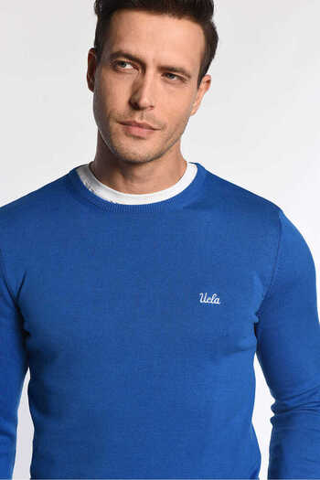 UCLA Mento Blue Crew Neck Embroidered Men's Slim Knitwear