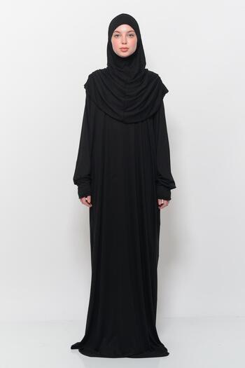 Altobeh Practical One-Piece Cotton Bat Sleeve Attachable Organic Prayer Dress with Headscarf Black