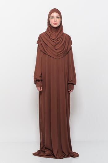 Altobeh Practical One-Piece Cotton Bat Sleeve Attachable Organic Prayer Dress with Headscarf Chocolate