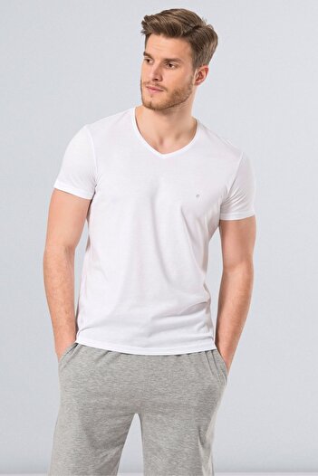 Cacharel 2170 Λευκό ανδρικό μπλουζάκι Modal V-Neck Slim Fit