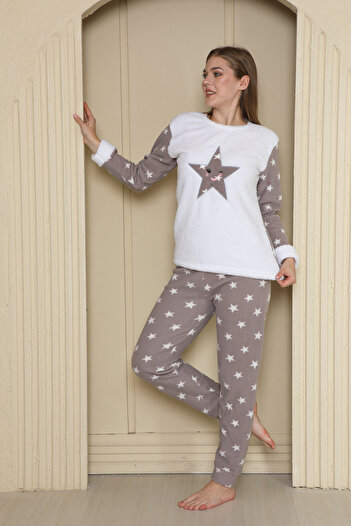 VariaMart Yıldız Desenli Wellsoft Uzun Kollu Kışlık Kadın Pijama Takımı