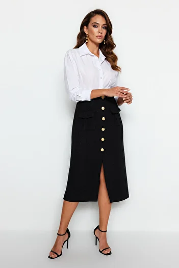 Trendyol Collection Detailní sukně z černé tvídové tkaniny TWOAW24ET00223