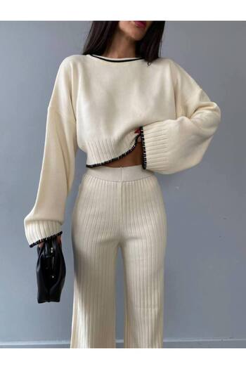 buqre's moda Women's Stitching Detail Knitwear Crop Trouser Set