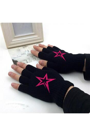 Touz Pink Star Printed Unisex Black Cutaway Double Gloves