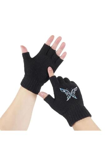Touz Aesthetic Butterfly Printed Unisex Black Cut-Out Double Gloves