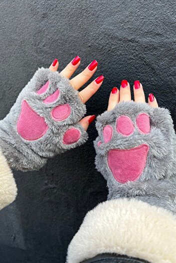 TAKIŞTIR Gray Color Plush Gloves with Paw Print