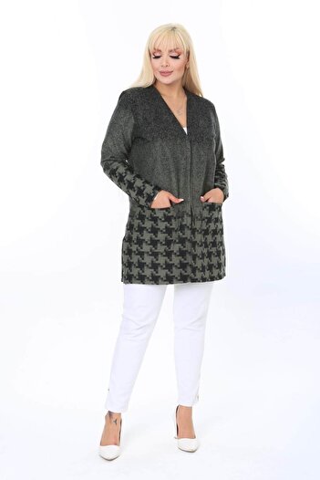 Mia Butik Plus Size Khaki Black Patterned Cardigan