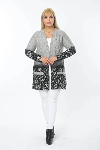 Mia Butik Plus Size Gray Black Leaf Patterned Short Cardigan with Pockets