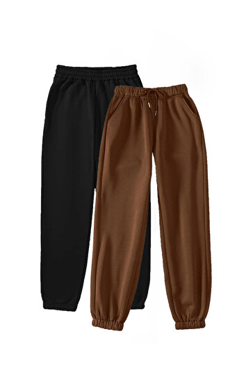 Revasser Unisex Kadın/Erkek 2-li Jogger Eşofman Altı - Lastik Paça Yüksek Bel Kışlık