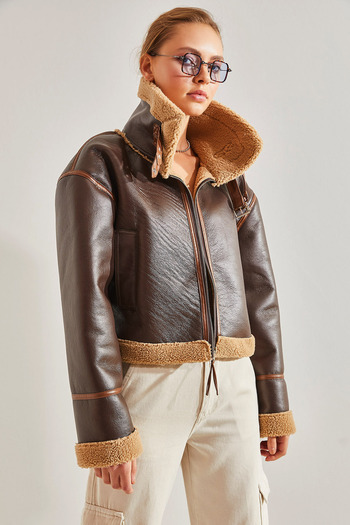 Bianco Lucci Women's Collar Belted Laminated Jacket