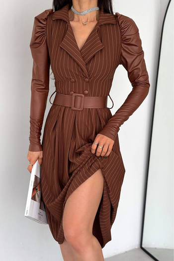 Neşeli Butik γυναικείο δερμάτινο και ριγέ φόρεμα με λεπτομέρεια ώμου KKLF64