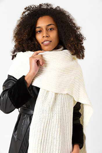 BALIENTE Ecru Knitted Thick Women's Shawl - 45X210 cm