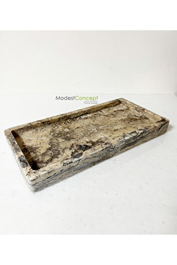 Modestmar Doğal Rustik Traverten Mermer Tepsi, Banyo Düzenleyici, Sunum Tabağı, Organizer 15x30cm