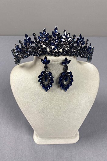Hobigram Navy Blue Whole Leaf Model Bridal Crown and Three Drop Earrings Set – Crown, Crystal Stone, Stylish Model – Ta