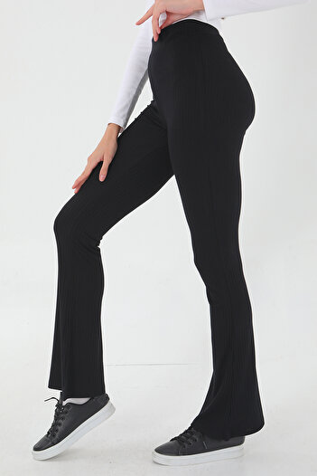 ESPİNA Ribbed Flare / Flare Leg High Waist Stretchy Knitted Leggings Trousers Black