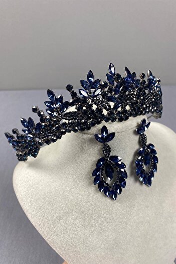 Hobigram Navy Blue Whole Leaf Model Bridal Crown and Three Drop Earrings Set – Crown, Crystal Stone, Stylish Model – Ta