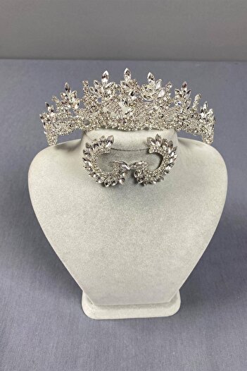 Hobigram Silver Color Selur Leaf Model Bridal Crown and Round Earring Set – Crown, Crystal Stone, Stylish Model –