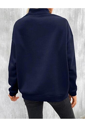 trendgar Printed navy blue stand-up collar half-zip sweater