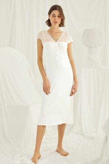 MONAMİSE 18455 Large Size Women's Ecru Half Placket Lace Oversize Nightgown