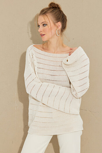 Cool Women's Ecru Spanish Sleeve Openwork Knitwear Long Blouse SMT199