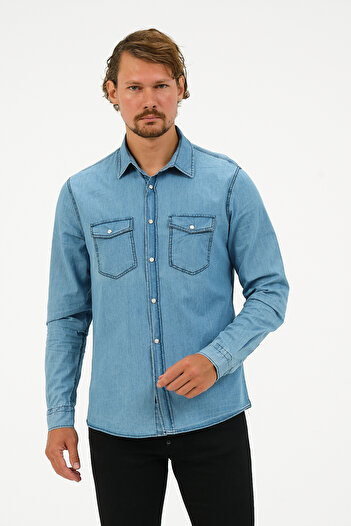 Catto Peak Slim Fit Denim Cepli Gömlek