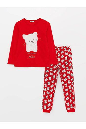 LC Waikiki Bisiklet Yaka Nakışlı Uzun Kollu Polar Kadın Pijama Takımı