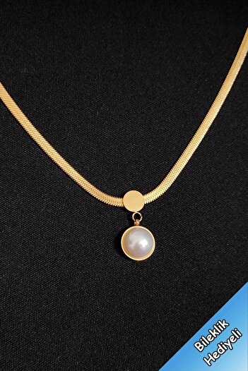 TREND COLLECTİON Kadın Paslanmaz Çelik Gold İtalyan Zincir İnci Kolye