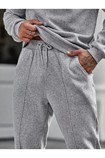 Black Sokak Gray Plain Oversize Men's Hooded Bottom-Top Tracksuit Set