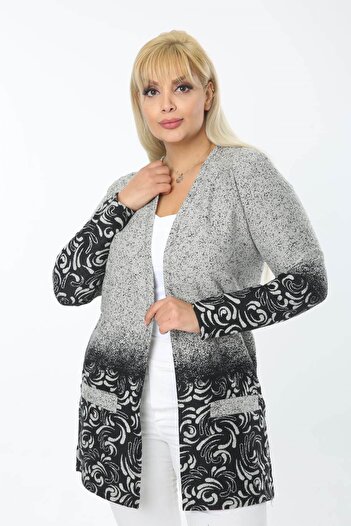 Mia Butik Plus Size Gray Black Leaf Patterned Short Cardigan with Pockets