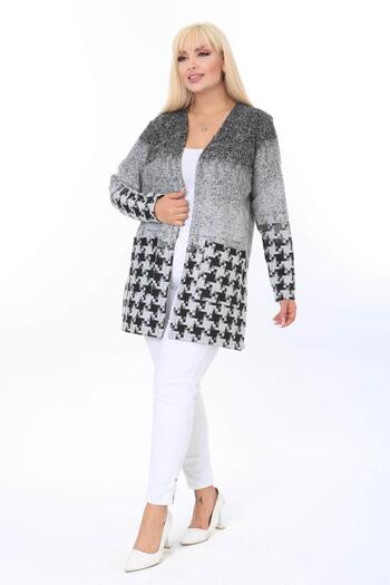 Mia Butik Plus Size Gray Black Patterned Cardigan