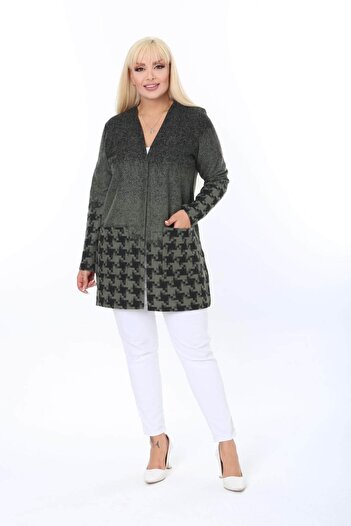 Mia Butik Plus Size Khaki Black Patterned Cardigan