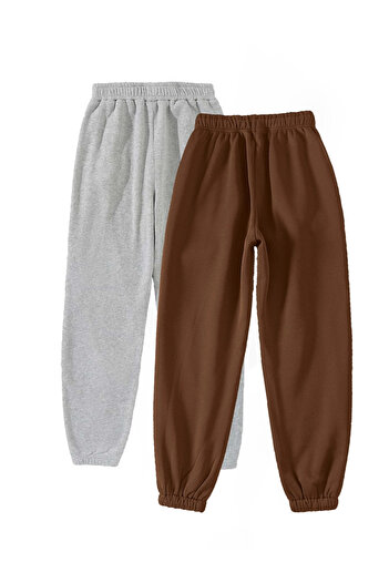 Revasser Unisex Kadın/Erkek 2-li Jogger Eşofman Altı - Siyah ve Gri Lastik Paça Yüksek Bel Kışlık