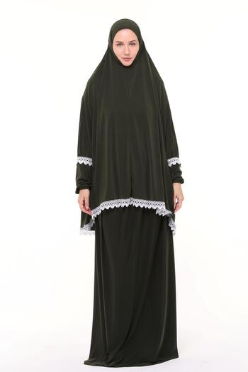 Altobeh Γυναικείο φόρεμα προσευχής δύο τεμαχίων Lycra Sandy ύφασμα δαντέλα με μανίκια-χακί